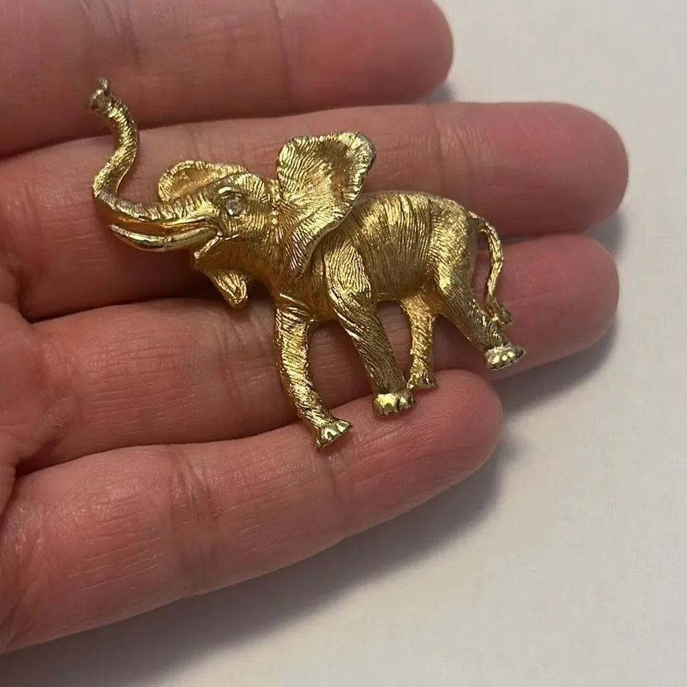 Vintage Napier Good Luck Elephant Brooch Pin Gold Tone Rhinestone